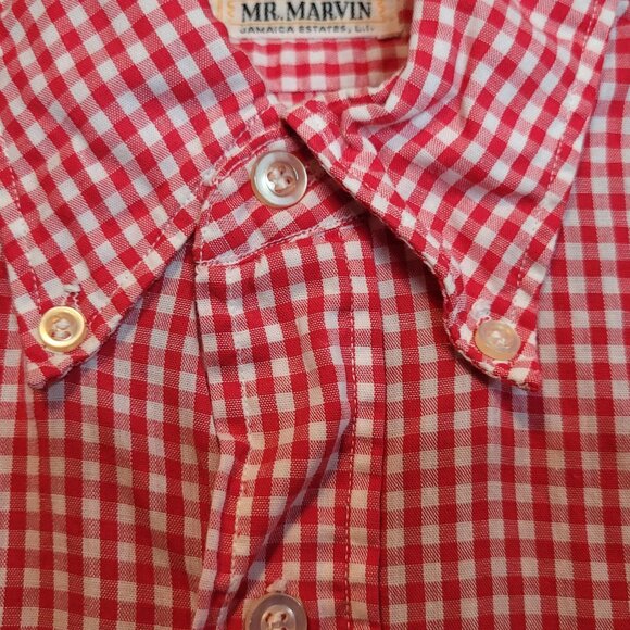 Vintage Red White Check Button Up Shirt Collar Mr Marvin Jamaica Estates Medium - Picture 4 of 6
